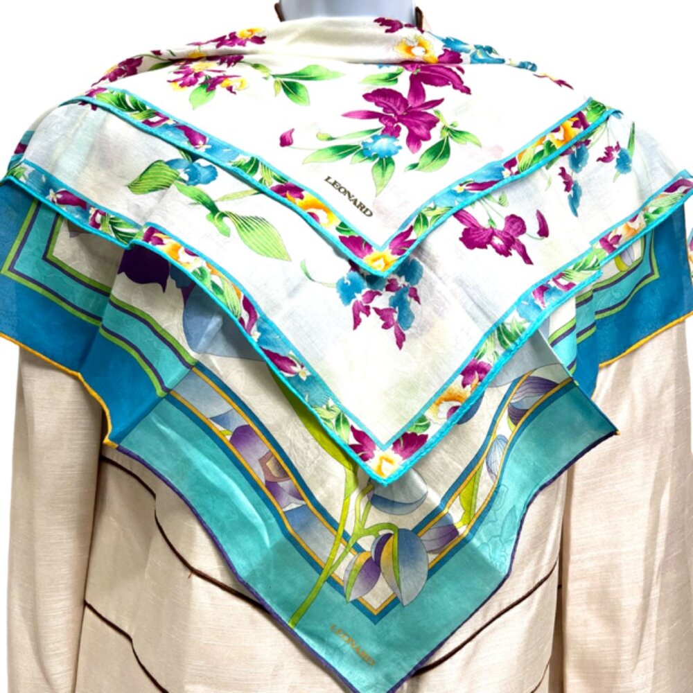 Beautiful 2 LEONARD PARIS Mini Scarf Cotton 20" Blue Purple pink Floral (56)